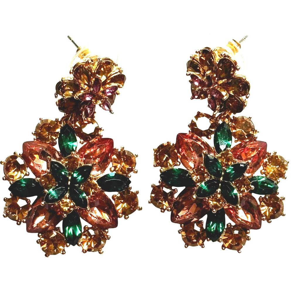 Rhinestone Pierced earrings drop & dangle faceted pink green rose gold stones